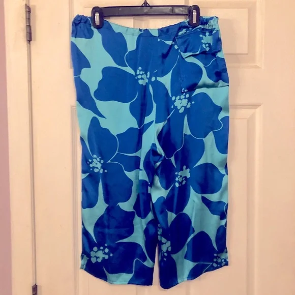 SILK turquoise blue large floral capri Bermuda  pants  XS drawstring - Picture 6 of 10